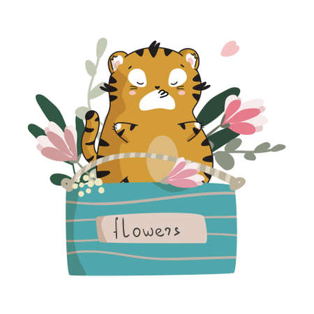 Cute cartoon tiger cub in a wooden box with flowers. Kawaii. The symbol of 2022. Isolated vector illustrations on white background. sticker. logo. print. Clipart. Used for birthday greetings, women's day.のイラスト素材