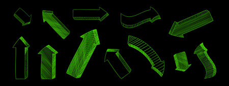 Set of cyberpunk various textured volumetric arrows. Psychedelic retro futuristic collection. Surreal vector elements and signs in trendy psychedelic. Design elements for poster, cover, flyer in 80s style.のイラスト素材