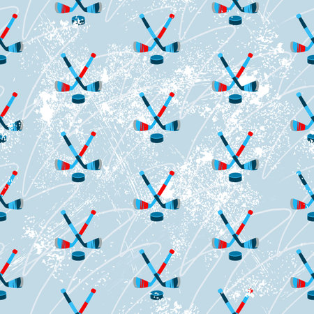 Hockey pattern with crossed sticks and pucks. Light blue area for ice skating. seamless background.のイラスト素材