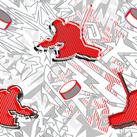 Hockey pattern with a hockey goalkeeper who catches the puck. Dynamic seamless background.のイラスト素材