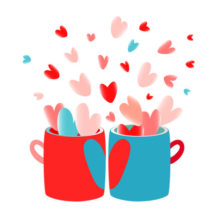 Decorative mugs with pink and red valentines and hearts. Clipart.のイラスト素材