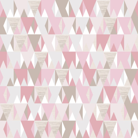 Repeating pattern in muted pink, gray, beige tones with rhombuses and triangles on a white square...