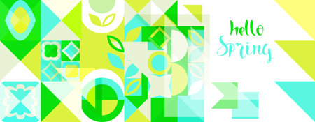 Abstract modern geometric green-yellow-blue banner with the inscription "hello Spring"のイラスト素材