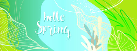 Rectangular vegetal light yellow, blue and green background with tropical leaves and abstract shapes. Banner with the inscription "hello Spring".のイラスト素材