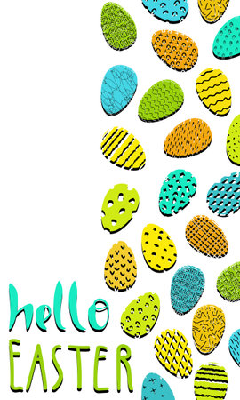 Vertical white background with a painted eggs. Isolated inscription "Hello Easter". Colorful spring flat vector illustration.のイラスト素材