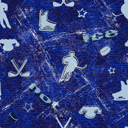 Deep blue sport texture. Hockey seamless pattern. Hockey players, sticks and pucks. vector illustration.の写真素材
