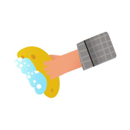 Hand with yellow washcloth with foam and bubbles.のイラスト素材