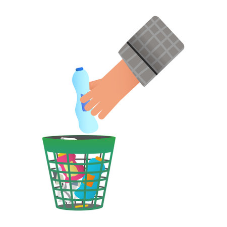 The hand throws the used PET bottle into the trash can.のイラスト素材