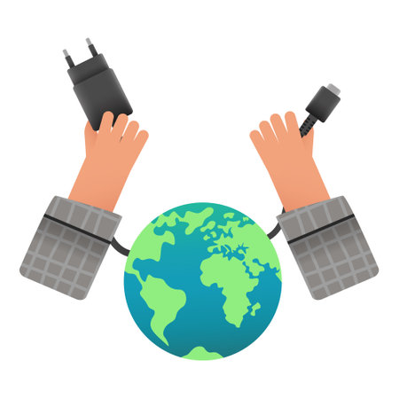 Hands holding mains charger with cord.Earth. Clipart.のイラスト素材