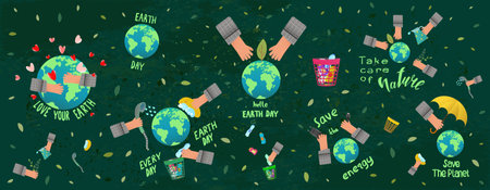 Save the planet concept with people's hands taking care of the earth. Set of vector pictures and elementsのイラスト素材