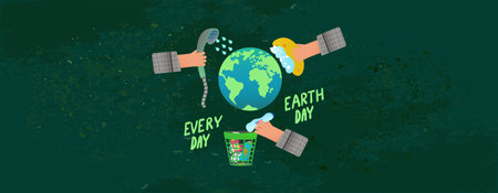 earth day banner. Earth Day, 22 April. Cleaning garbage and dirt from the planet earth. Dark green...