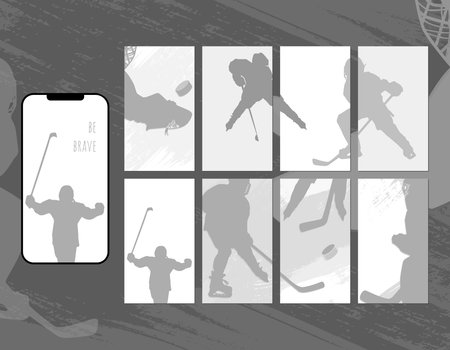 Social media story layout. Set of hockey cards with silhouettes of hockey players in shades of grey. vector illustration. Simple, minimalistic, sport cards. Trendy set of minimalistic covers. Minimal wall art. Place for logos, messages, text placement.のイラスト素材