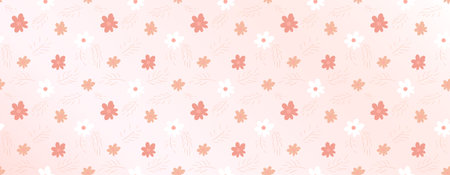 Horizontal doodle pink pattern. Simple white and pale pink flowers. Minimal wall art.のイラスト素材