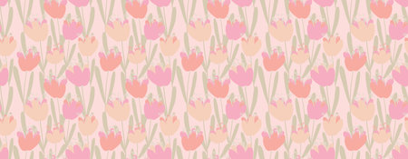 Horizontal pink pattern. Tulips, petals, leaves and branches in muted shades of white, green, pink and pale beige. Minimal wall art.のイラスト素材