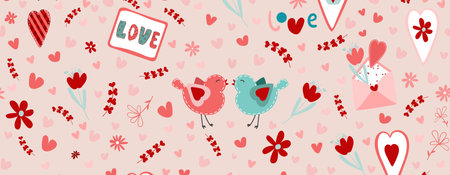 Seamless rectangular texture with birds and envelopes, pale pink valentines. Color flyer in naive style. Minimal wall art.のイラスト素材