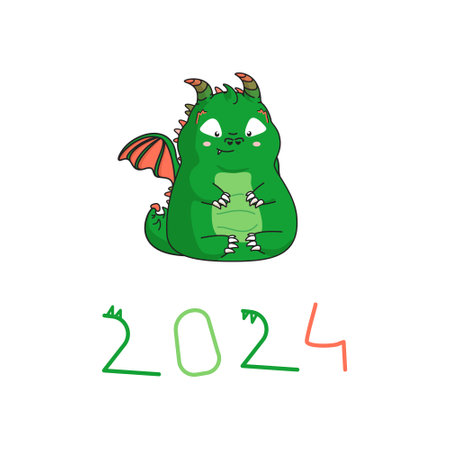 2024 Chinese New Year, year of the Dragon. Chinese zodiac dragon in geometric flat style. Isolated cute cartoon green baby dragon with colorful number. Clipart.のイラスト素材