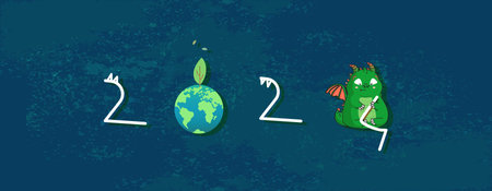 2024 Chinese New Year, Year of the Dragon. Green Wooden Dragon banner. Happy New Year 2024 design. Colorful numbers. Chinese zodiac dragon in flat style.のイラスト素材