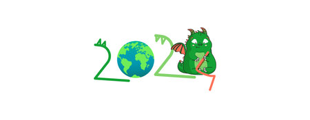 Green Wooden Dragon banner. Happy New Year 2024 design. Colorful numbers. White banner. Chinese zodiac dragon in flat style.のイラスト素材