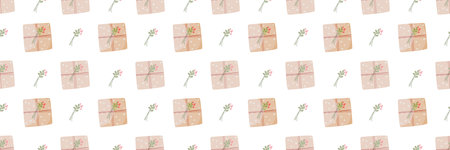 Seamless Christmas rectangular transparent pattern wiht gift boxes, twig and red berries. New Year's decor. Vector illustration.のイラスト素材