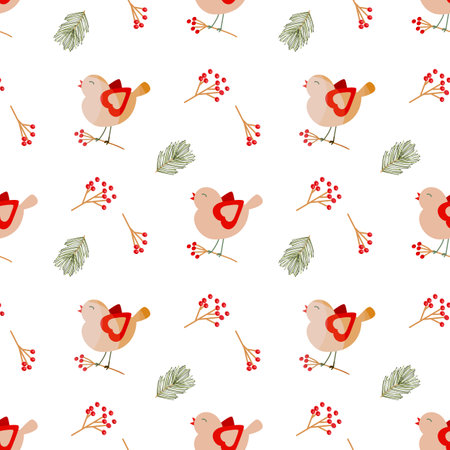 Seamless pattern cute little bird on a branch with red berries in naive style. Isolated vector illustration.のイラスト素材