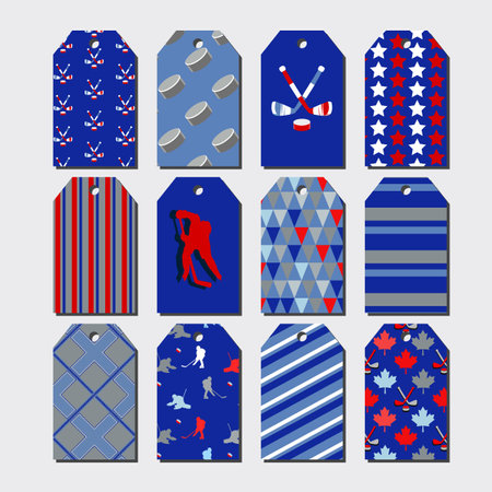 Hockey paper tags. Tag template design, sports store product tags, ice hockey drawn elements. Set of vector illustrations.のイラスト素材