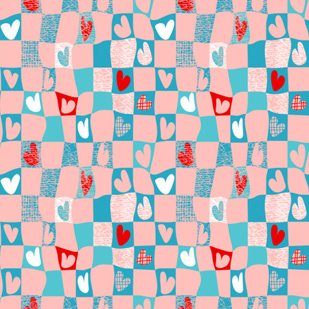 Groovy lovely card, poster, background, texture pattern. Love concept. Happy Valentine's day. Trendy retro 60s 70s cartoon style. Pink, red, blue, white colors. Colorful vector illustration.のイラスト素材