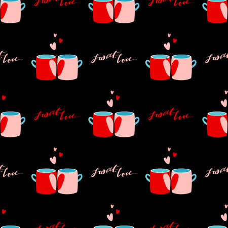 Seamless patterns for Valentine's Day. Hearts, mugs and lettering "sweet love". Black background. Colorful vector illustration.のイラスト素材