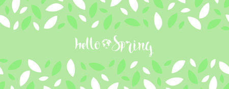 Hello Spring. Light green banner with the inscription white color. Rectangular vector illustration in naive style for promotion, discounts, advertising.のイラスト素材