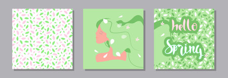Hello Spring. Happy Women's Day. Trendy abstract square art templates. Suitable for social media posts, mobile apps, banner design and online advertising. Vector fashion backgrounds. Green and pale pink colors.のイラスト素材