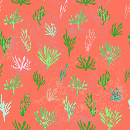 Orange tropical seamless pattern. Abstract tropical plants on a peach square background in light green, pink, blue, orange tones. Used for printing on paper, fabric, packaging, wallpaper. Eps10.のイラスト素材