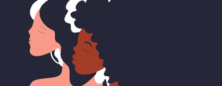 Two silhouettes of women of different ethnicities standing together in a row, side view. Concept woman who gives voice to other women. Allyship, inclusion, diversity, society, population.のイラスト素材