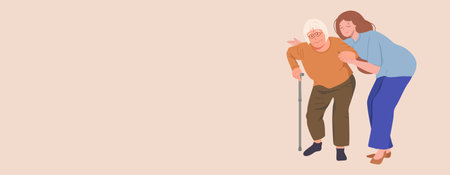 Concept of helping the elderly. A young woman carer helps an elderly woman to walk with a cane. Caring for a sick person. Vector flat illustration isolated on dusty peach background.のイラスト素材