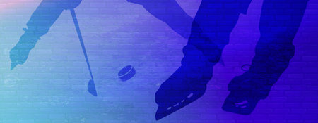 Sports banner in rich purple shades. Silhouette of a two players in motion the background of a wall with brick texture. Neon lighting. Space for logos, messages, text placement, space for text, promotions, etc.の写真素材