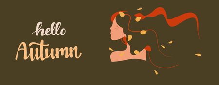 Autumn background. Hello Autumn. The image of Autumn as a beautiful smiling girl with lush curls, fallen leaves, drops of water. Autumn color palette. Rectangular vector illustration in naive style for promotion, discounts, advertising.のイラスト素材