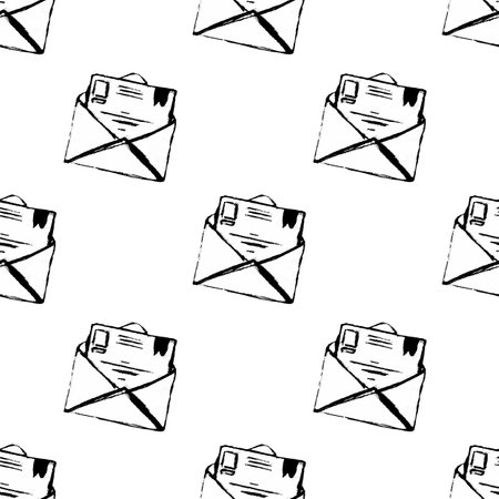 Seamless pattern with official mail letter. Hand made sketch envelope with a letter icon in doodle style on white background.の写真素材