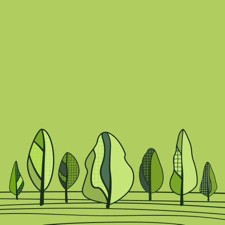 Square background with trees and firs in green shades. Tree crowns with green young foliage. International Day of Forests. Place for text. Flat vector illustration.のイラスト素材
