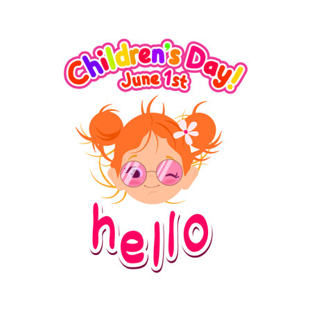 International Children's Day. Smiling red-haired girl in pink sunglasses with tousled hair. Head of child, teenage girl. Lettering. Isolated flat vector hand drawn illustration on white background.のイラスト素材
