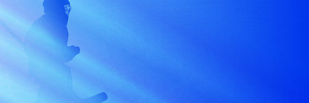 Sports banner with silhouette of a hockey goalkeeper. Dynamic diagonal pattern with gradient in light saturated blue tones.の写真素材