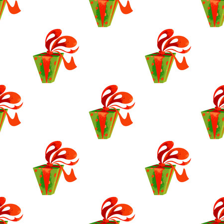 Seamless festive pattern with gifts. Isolated green gift box with a red ribbon and polka dot pattern on a white square background. Clipart. Vector illustration for Christmas, New Year, birthday, etc.の写真素材