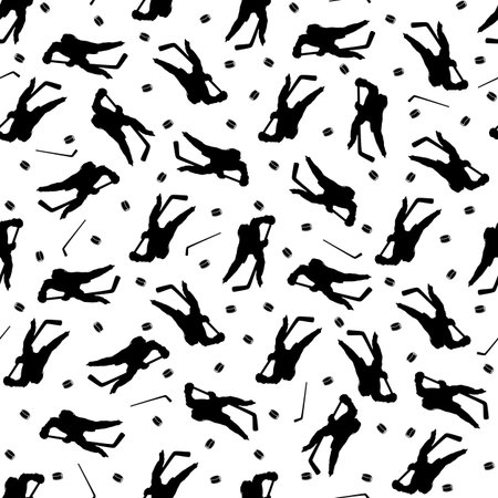Hockey black and white pattern with players. Dynamic movement of attack for the puck. Seamless sports illustration. Basic seamless background. Use for printing on paper, fabric, packaging, wallpaper. Eps10.の写真素材