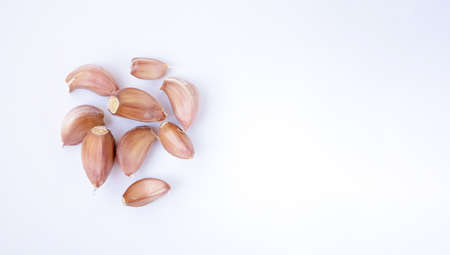 A clove of garlic on a white background, a healthy spice. On the right is a copy of the space.の写真素材