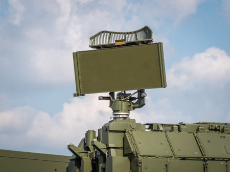 Close-up of a rotating radar antenna on the roof of a military truck. Exhibition of Russian weapons. Anti-Aircraft Defense Systemの写真素材