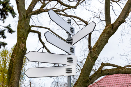 Pole with white blank pointers in the background of bare trees. Several directional empty arrows...