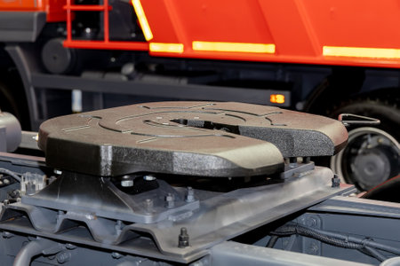 The new fifth wheel on the truck, close-up. New truck saddle for semi-trailer