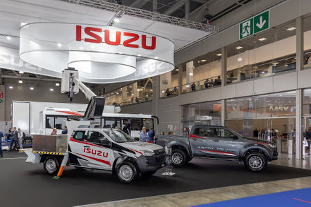 D-Max pickups at the Isuzu stand at the Comtrans 2021 international show of commercial vehicles. Isuzu cars. Moscow, Russia - September 7-11, 2021のeditorial素材