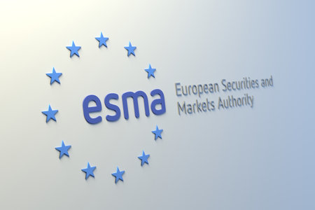 Logo and trademark of the European Securities and Markets Authority ESMA on a light wall. Selected focus. 3D render. Moscow, Russia - January 22, 2022のeditorial素材