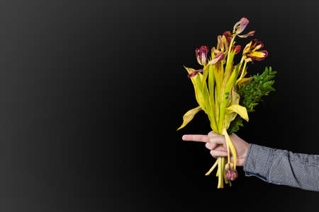 The concept of greed. A man shows a fuck off gesture with his middle finger and holds a bouquet of old flowers in his hand. Black background, copy spaceの写真素材