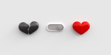 Activated love toggle switch. Switcher between a scarlet red heart and a broken black heart as a...