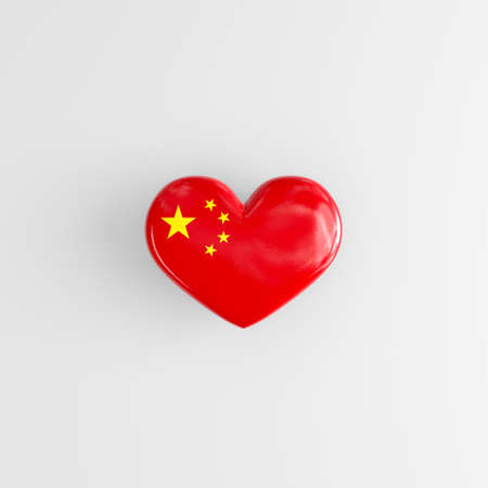 A badge in the shape of a heart with the flag of China as a symbol of patriotism and love for ones homeland. The National Flag of the Peoples Republic of China on a glossy badge. 3D renderingの写真素材