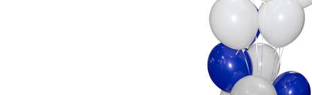 A group of white and blue balloons isolated on a white background with space for text. Empty template for advertising banner, party, birthday or anniversary celebrationの写真素材